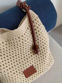 海滩度假编织托特包，2025新款镂空单肩包，大容量通勤购物手提包 - 米色 - 查看 6