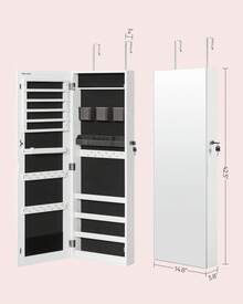 SONGMICS Mirror Jewelry Cabinet, Wall Or Door Mounted Jewelry Storage, Lockable, With 2 Plastic Cosmetic Organizers - 白色 - 查看 3