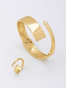 1pc Geometric Metal Bracelet & 1pc Ring Set - Yellow Gold - View 2