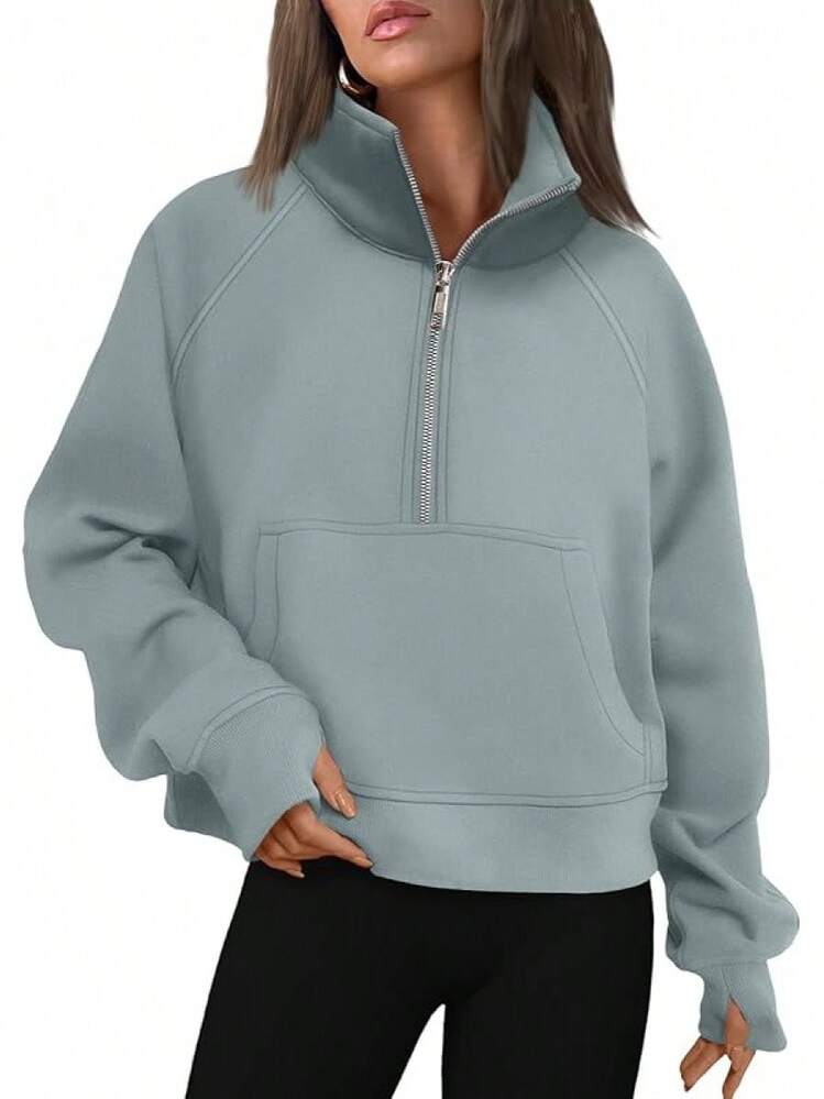 Womens Sweatshirts Half Zip Cropped Sweater Fleece Quarter Zipper Hoodies 2025 Fashion Outfits Clothes - Greygreen - View 1
