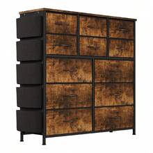 Cómoda de Dormitorio con 12 Cajones - Organizador de Almacenamiento con Estructura Metálica, 5 Bolsillos Laterales, 2 Ganchos y Tapa de Madera, para Armario, Habitación o Sala - Marrón - Ver 2