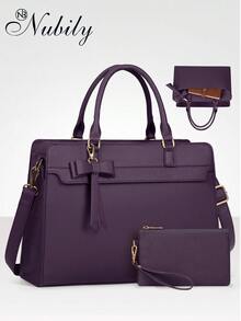 NUBILY 15.6 Inch Leather Laptop Tote Bag For Women - Waterproof Business Briefcase & Satchel Purse 2-Piece Set | Large Capacity Computer Work Bag For Office Professionals - 紫色 - 查看 2