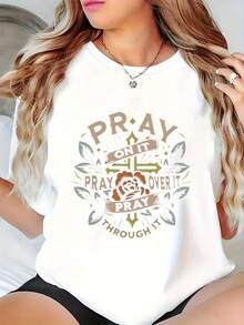 Plus Size Religious Motto Graphic Womens Tops, Graphic Tees For Women, Summer "Pray On It" Print Shirts, Cotton T - Shirt - 白色 - 查看 1