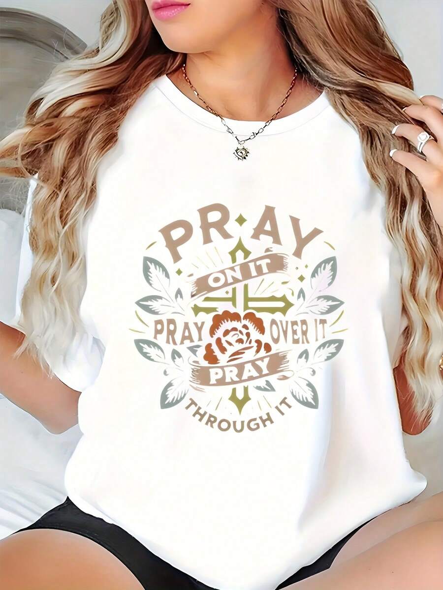 Plus Size Religious Motto Graphic Womens Tops, Graphic Tees For Women, Summer "Pray On It" Print Shirts, Cotton T - Shirt - 白色 - 查看 1