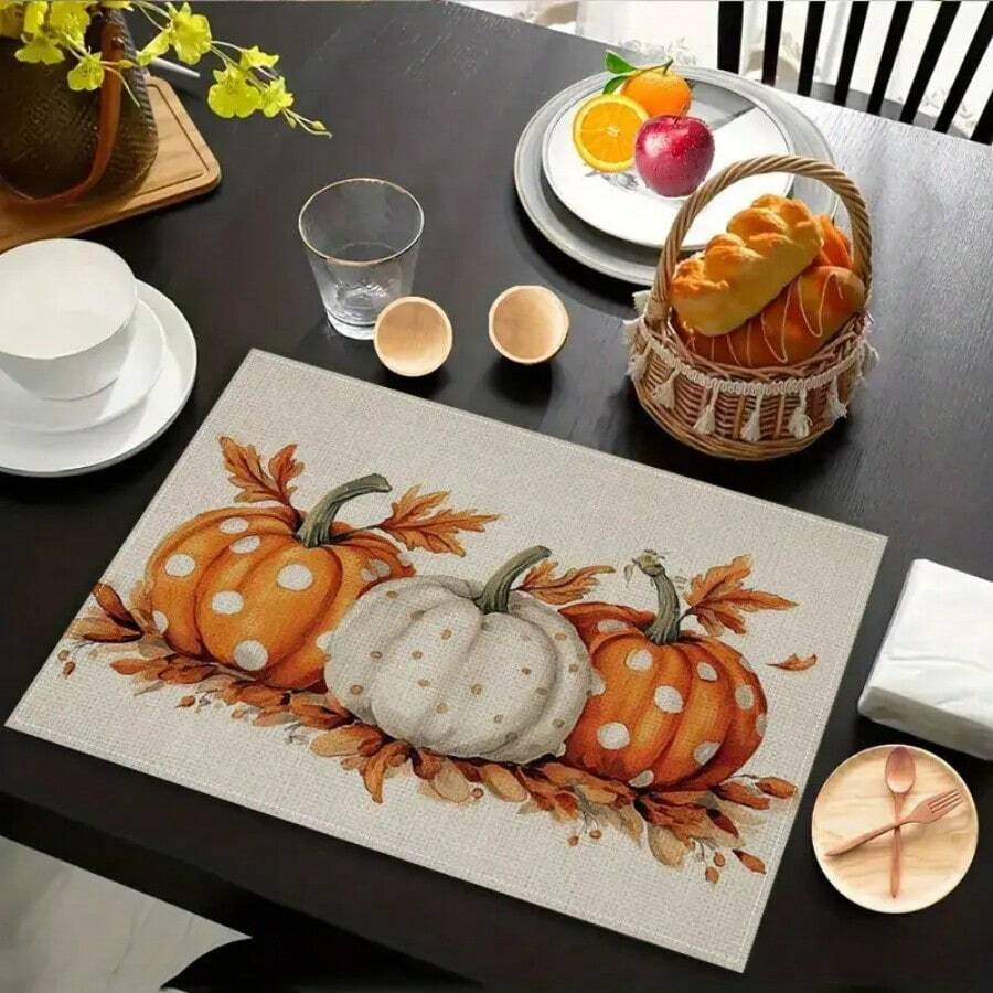 4-Piece Set Of Autumn Thanksgiving Themed Placemats With Pumpkin And Maple Leaf Print Designs, Measuring 30X45 Centimeters, Is Perfect For Theme Decoration In Thanksgiving Restaurants, Dining Tables, Indoor And Outdoor Gatherings, And Rural Kitchens. It Is The Best Choice For Thanksgiving Gifts.