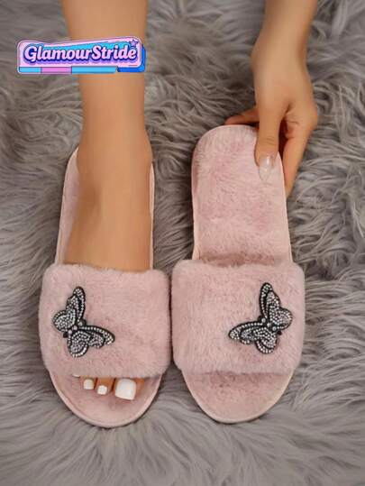 Women's Butterfly Rhinestone Decorated Plush Slippers - Open And Comfortable Indoor Home Shoes, Soft Fabric, High-Quality TPR Soles, Warm Spring Home Slippers, Fashionable, Wear-Resistant And Non-Slip Casual Shoes