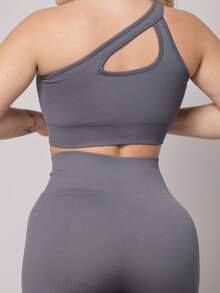 jelik fashions Conjunto Fitness Feminino Canelado Top Um Ombro com Bojo Removível + Short Modelador Cintura Alta Academia Moda Esportiva Estilosa - Cinza - Visão 5