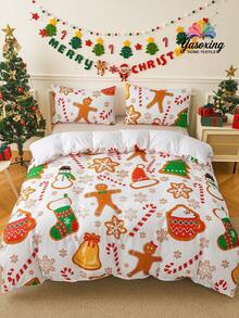 3-Piece White Christmas Snowman Gingerbread Man Snowflake Pattern Dual-Color Reversible Duvet Cover Bedding Set, Soft And Breathable, Wrinkle-Resistant, Better For Sleep, Luxury Hotel Style, Gift For Parents And Friends, Includes Duvet Cover*1, Pillowcases*2, Available Sizes: Extra Large, Large, Standard Double, Single - White - View 1