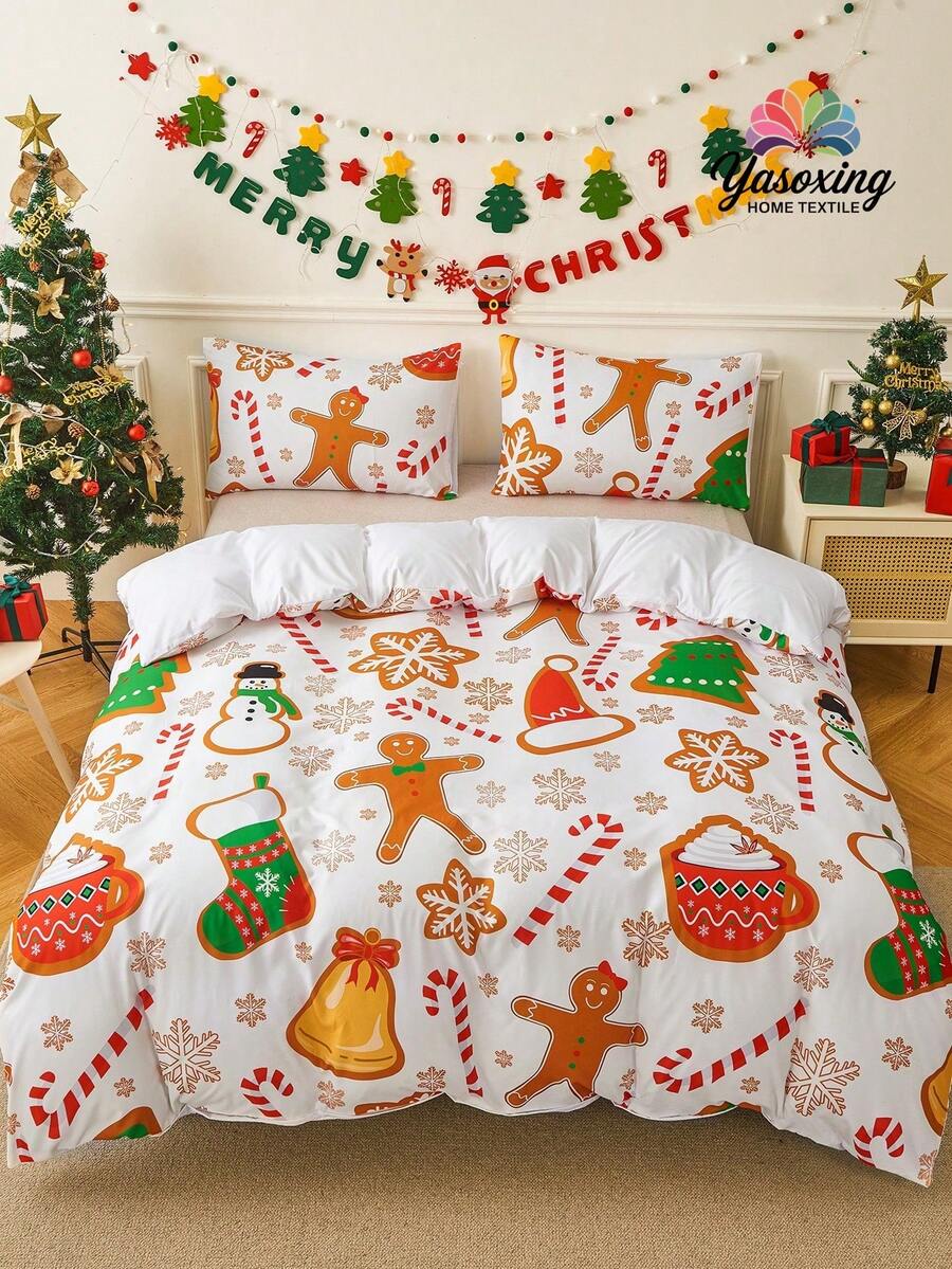 3-Piece White Christmas Snowman Gingerbread Man Snowflake Pattern Dual-Color Reversible Duvet Cover Bedding Set, Soft And Breathable, Wrinkle-Resistant, Better For Sleep, Luxury Hotel Style, Gift For Parents And Friends, Includes Duvet Cover*1, Pillowcases*2, Available Sizes: Extra Large, Large, Standard Double, Single - White - View 1
