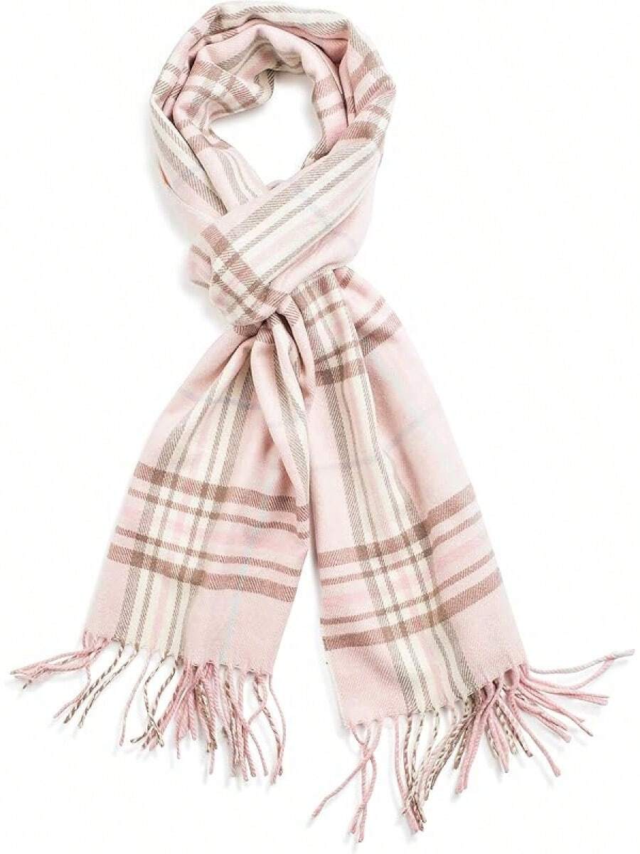 Soft Luxurious Classic Cashmere Feel Winter Scarf With Box, Cozy Warm Scarf - 粉紅棕色格子禮物 - 查看 1