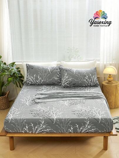 3 st/set grått lövgrenblommönster dra-på-lakanset utan fyllnadsmedel, dra-på-lakanset för sovrum borstad mikrofiber andningsbar bekväm 1 st madrassöverdrag med 2 st örngott, sängöverdragsset king queen size twin-storlek dra-på-lakanset för sovrum borstad mikrofiber andningsbar bekväm lakan överkast djupa fickor upp till 11,8 tum andningsbar skrynkelfri bättre för sömn, maskintvättbar sovsal sängkläder ryggskola sängkläder