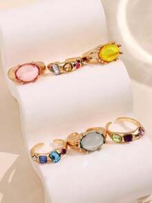 6pcs/Set Fashion Creative Colorful Faux Gemstone Rhinestone Rings Set, Minimalist Versatile High-End, Gift Jewelry For Women - Multicolor - View 10