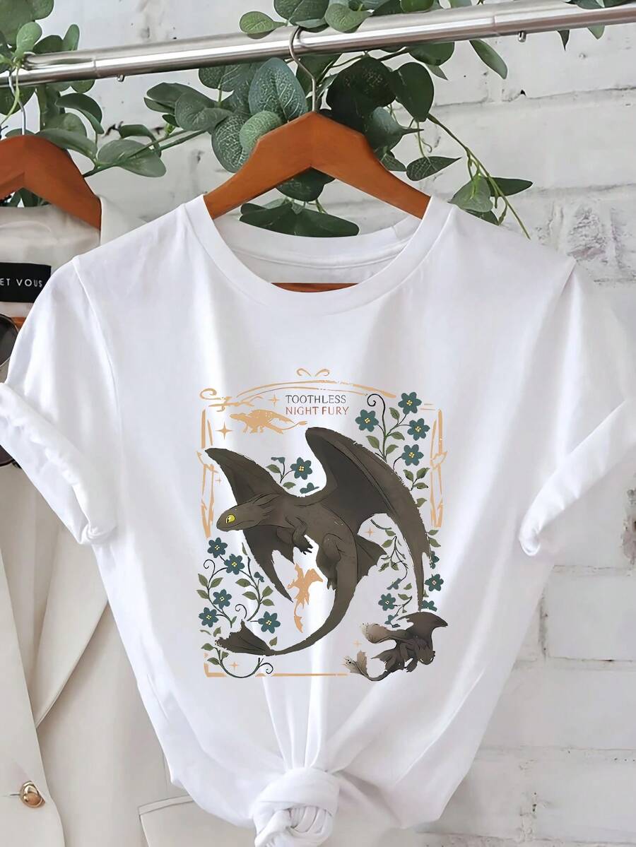 Toothless Night Fury Graphic T-Shirt, Summer And Spring Short-Sleeved Round Neck Casual Top, Women's T-Shirt - trắng - Xem 1