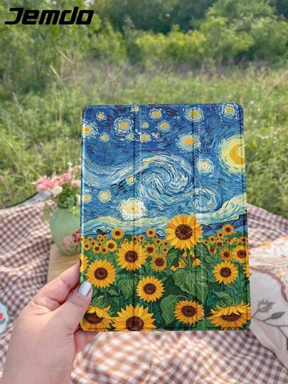 1 件梵高星空和向日葵花卉印花平板电脑保护壳，兼容 iPad 10.2、iPad Pro 11 英寸 2021/2020/10 代、iPad Mini 4/5/6、Galaxy Tab A8 10.5 英寸 2022、Matepad 10.4 英寸/Tab，带铅笔槽，自动睡眠/唤醒，礼物