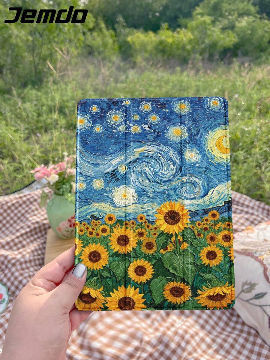 1 件梵高星空和向日葵花卉印花平板电脑保护壳，兼容 iPad 10.2、iPad Pro 11 英寸 2021/2020/10 代、iPad Mini 4/5/6、Galaxy Tab A8 10.5 英寸 2022、Matepad 10.4 英寸/Tab，带铅笔槽，自动睡眠/唤醒，礼物 - 彩色 - 查看 1