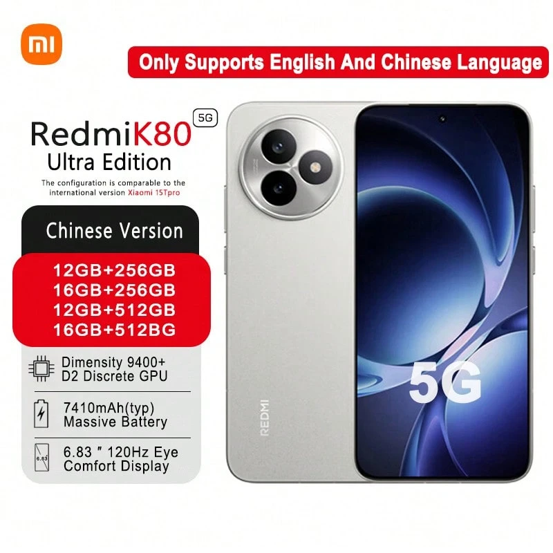 Xiaomi Redmi K80 Ultra 智能手机联发科天玑 9400+（3nm 旗舰处理器）、定制 D2 独立显卡，以及 7410mAh 大容量电池，续航时间更长，配置媲美小米 15T Pro。仅支持英文和中文 - 白色 - 查看 1
