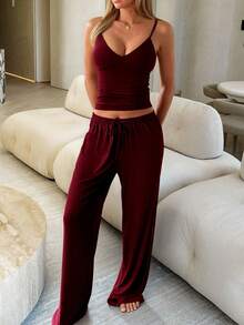 GAOVOT 2pcs Women's Sexy Casual Deep V Backless Camisole And Loose Straight Leg Pants Set, Autumn Summer Elegant - Burgundy - View 6