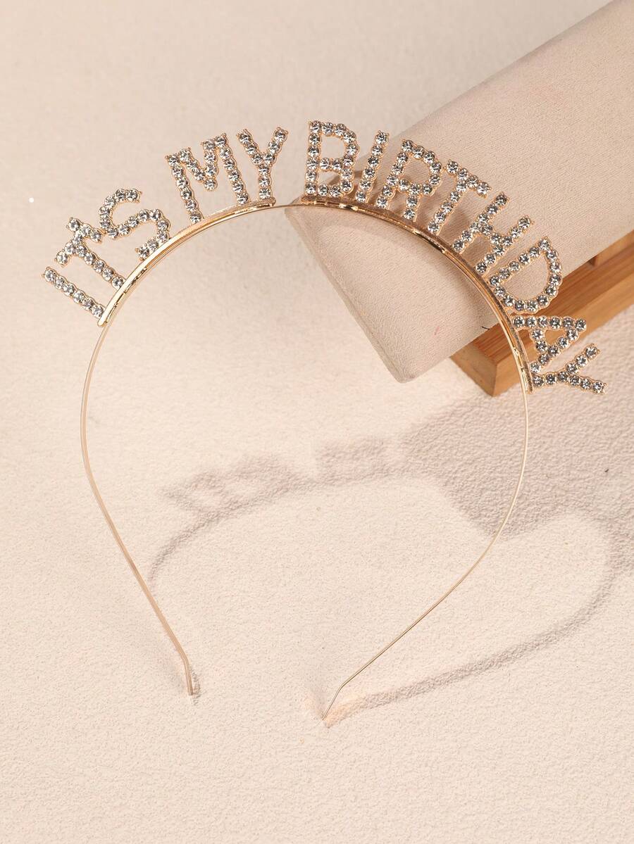 铁合金生日皇冠发箍，水晶水钻皇冠发饰，生日派对头饰，情人节配饰，婚礼发饰 - 金色 - 查看 1