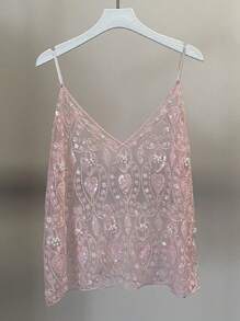 Women Semi See Through Sparkly Tank Top Sleeveless V Neck Floral Sequin Camisole Dance Rave Outfits