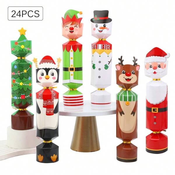 24 pezzi Scatola regalo a forma di cracker di Natale, design a cartoni animati, scatola regalo rotonda in carta, decorazioni natalizie, pigiami natalizi, regali di Natale, decorazioni natalizie