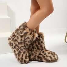 Stylish Personalized Winter Boots For Women - Adorable Spicy Girl Mid-Length Snow Boots, Cozy And Warm,Fluffy Boots Faux Fur Boots Women Shoes - 豹紋 - 查看 1
