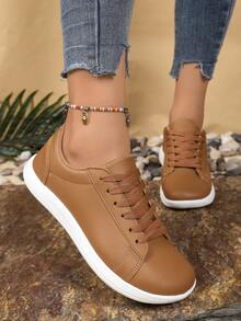 Women's Plus Size Wide Toe Box Minimalist Synthetic Leather Patchwork Lace-Up Barefoot Sneakers For Outdoor Sports - Brown - View 4