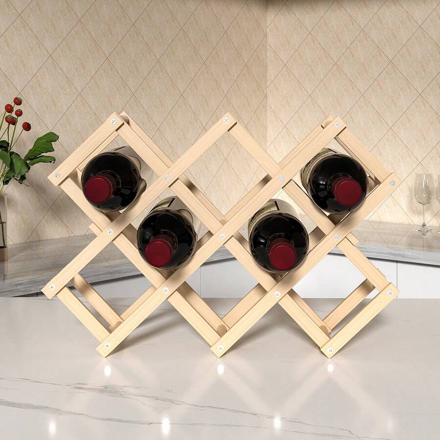 Living And Home Decorative Foldable Solid Wood Wine Rack - Honeycomb Design, Holds 10 Bottles, Stackable & Space-Saving - Natural Wood - View 1
