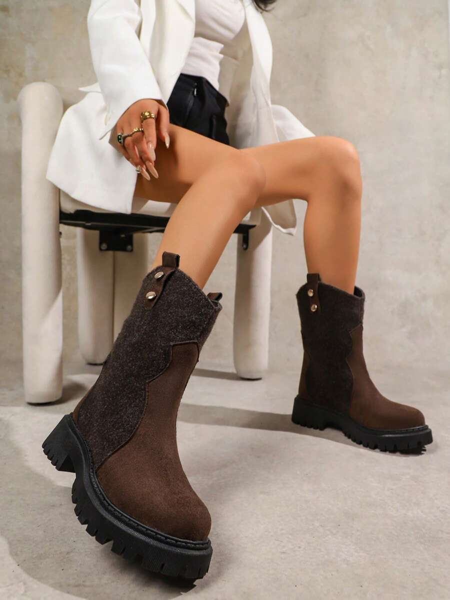 2025 Autumn/Winter New Retro Brown Round Toe Comfortable Versatile Thick Sole Boots For Women, Mid-Calf Pleated Boots, Women's Sizes 35-42, Elegant