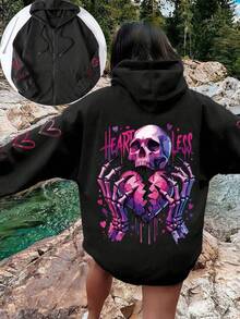 Women's Daily Skull Skeleton Hands Broken Heart HEARTLESS Hearts Pattern Graphic Zip-Up Jacket Hooded Long Sleeve Jacket Casual Spring/Summer/Fall Long Sleeve Tops Women Halloween Going Out Tops Women,Vacation Outfits Women Black Long Sleeve Top,Cute Tops,Crop Top,Tops For Women - Black - View 7