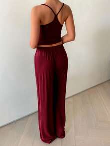 GAOVOT 2pcs Women's Sexy Casual Deep V Backless Camisole And Loose Straight Leg Pants Set, Autumn Summer Elegant - Burgundy - View 2