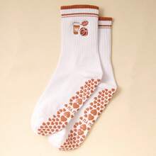 1 par/Calcetines con agarre para Pilates para mujeres, calcetines antideslizantes para yoga, barra y entrenamiento, calcetines pegajosos y atléticos con diseño lindo - Café integral - Ver 3