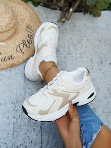 Soft Leather Thick-Soled Height-Enhancing Sneakers, Women's Breathable Mesh 2025 Spring, Summer And Autumn New Casual Running Shoes, Music Festival Millennial Style Back To School Must-Have - 米色 - 查看 5