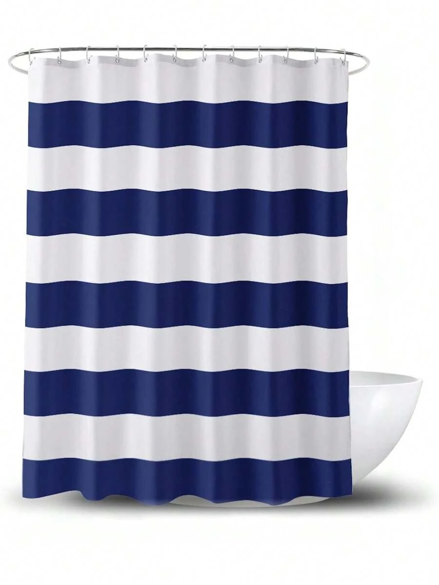 Striped Shower Curtain Cloth For Bathroom, Bath Curtain Fabric With Hooks, Multi-Size - 藍色 - 查看 1