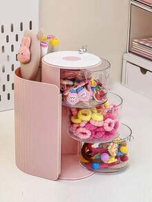 1 件儿童多层旋转收纳盒，可旋转收纳盒，用于发夹、发饰、发带、化妆海绵、珠宝、戒指，防尘收纳 - 粉色 - 查看 5