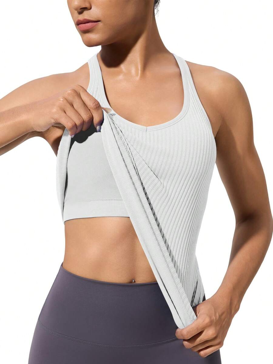 Workout Tank Tops For Women With Built In Bra, Seamless V Neck Tops Fitness Workout Yoga Shirts - trắng - Xem 1
