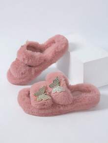 Dép đế xuồng hở mũi bằng vải nhung cho nữ, dép đi trong nhà mềm mại, chống trượt, dép đi trong nhà, dép bông có nơ và đá trang trí - Hồng - Xem 7