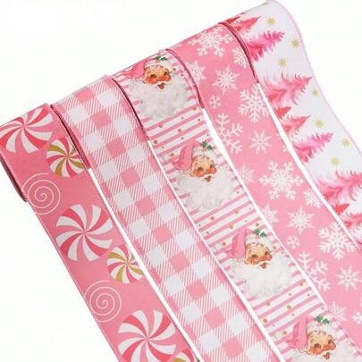 1 Rolle, Weihnachts-Satinband mit Drahtrand (6,35 cm), rosa & weißes karierter Schneemann, Schneeflocke, Weihnachtsmann, Baum, Bastel-Satinband, goldfarbener glitzernder Stoffband, für Weihnachtsbasteleien, Hochzeitsdekoration, Schleifen binden, Partydekoration