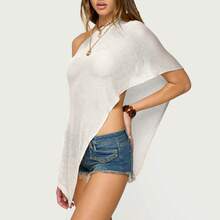 Women's Sheer One Shoulder Asymmetrical Knit Poncho Short Sleeve Solid Color Crop Top Streetwear - trắng - Xem 4