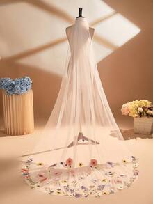 1pc 230cm Floral Lace Applique Bridal Veil With Comb, Wedding Dress Accessory - Multicolor - View 1
