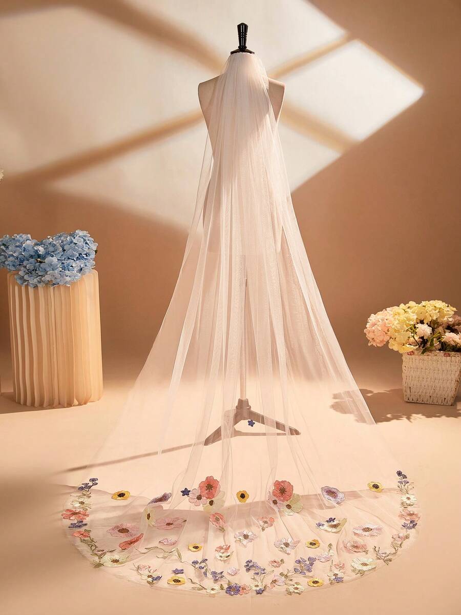 1pc 230cm Floral Lace Applique Bridal Veil With Comb, Wedding Dress Accessory - Multicolor - View 1