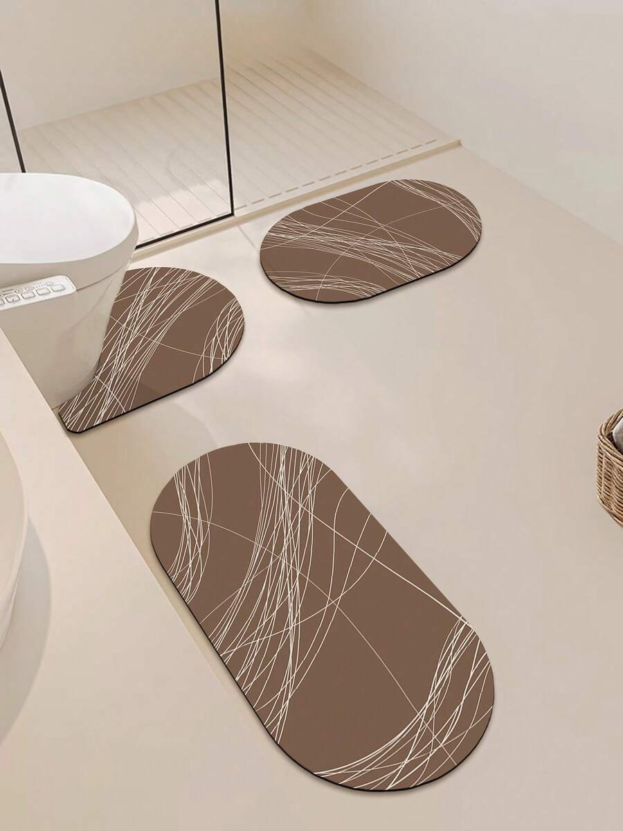 1/3件套棕色线条图案家居装饰地垫，浴室防滑吸水地垫，硅藻土复古图案地垫，U型马桶洗手池吸水脚垫，2.5毫米厚，适用于玄关、浴室、厨房等场所，厨房地毯