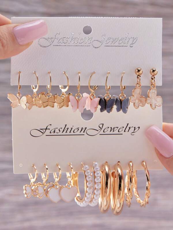 20pcs Minimalist Elegant Butterfly, Pearl, Heart Pendant Earring Set For Women, Everyday Wear