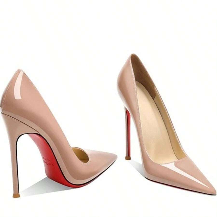 Women's High Heels, Nude High Heels Women's Stilettos 2025 Spring And Autumn New Patent Leather Sexy Pointed Toe Sexy Temperament Professional Red Bottom Shoes, Heel Height 10cm - khỏa thân - Xem 1