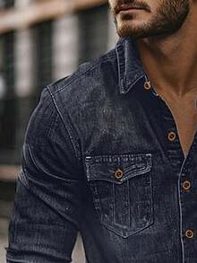 Áo sơ mi nam tay dài cổ cài nút, hai túi đơn giản, thường ngày - Màu xanh hải quân - Xem 3