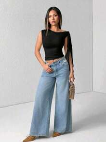 Elegant Suplex T-Shirt Top With Asymmetrical Shoulders And Straps, Ideal For Daily Use, Outings, Nightclubs, Parties, Halloween Costumes - 黑色 - 查看 7