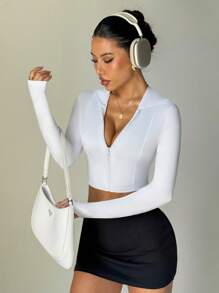 Women's White Zipper Long Sleeve Minimalist Hooded Thumb Hole Sports Knit Jacket