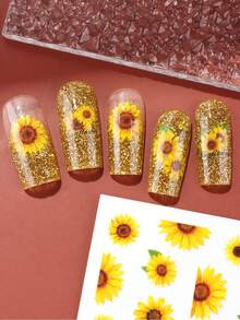 2 件向日葵蜜蜂指甲贴纸昆虫 Y2K 指甲黄棕色指甲盛开的花朵指甲滑块美甲用品配件女士指甲 DIY 装饰 - 彩色 - 查看 3