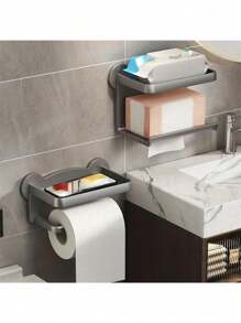 Plastic Bathroom Toilet Paper Towel Tissue Box, Wall Mounted Dispenser Holder & Mobile Phone Storage Rack, Black/White/Gray Adhesive Carbon Steel Paper Holder With Shelf, Wall Hanging Bathroom Tissue Dispenser, No Drilling Required Toilet Paper Holder,Stainless Steel Paper Towels Holder,Adhesive Roll Paper Stand,Toilet Paper Dispenser, Bathroom Accessories, Room Decor