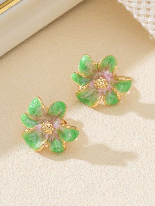 1 Pair Retro Elegant Gradient Flower Enamel Clip-On Earrings, Delicate Design Suitable For School, Work, Holidays, Women Gift