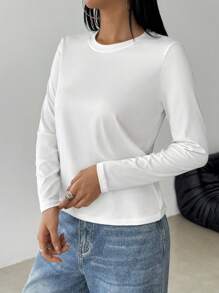 Damska koszulka z długim rękawem i okrągłym dekoltem w jednolitym kolorze, jesienna odzież